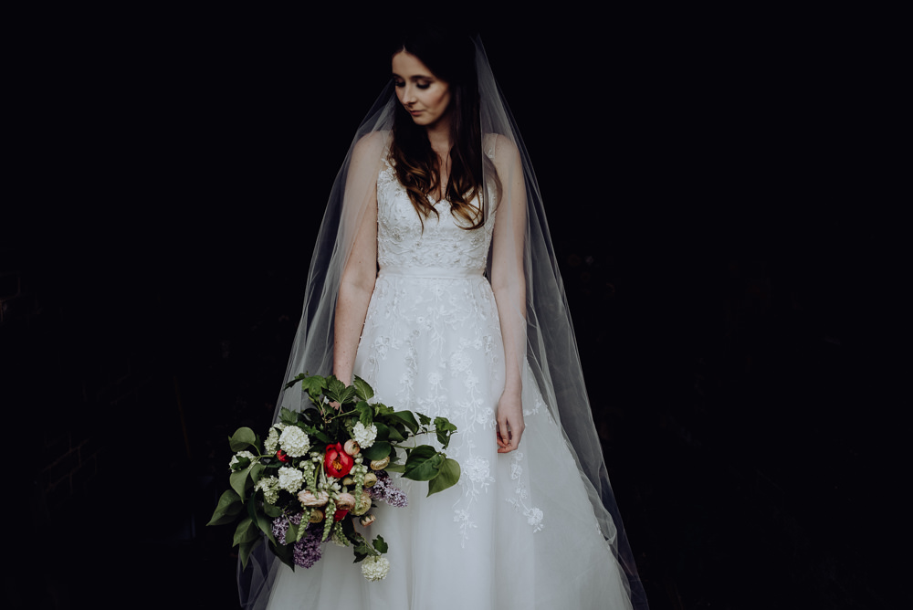 Bride Bridal Dress Gown Ellis Bridals Lace Tulle Train Veil Rustic Barn Wedding Louise Griffin Photography
