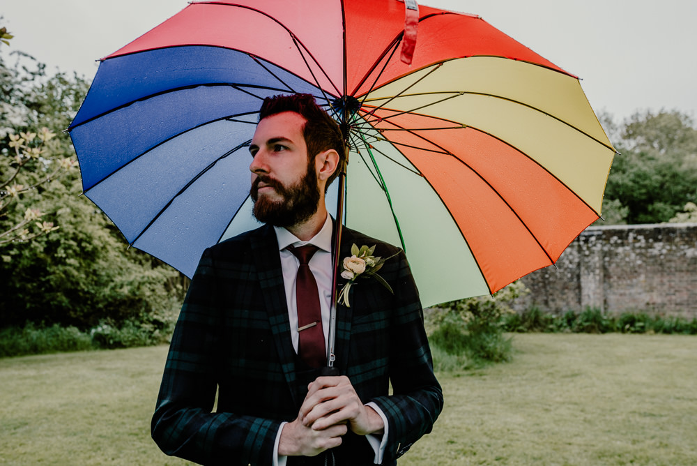 Groom Suit Tartan Green Burgundy Tie Rustic Barn Wedding Louise Griffin Photography