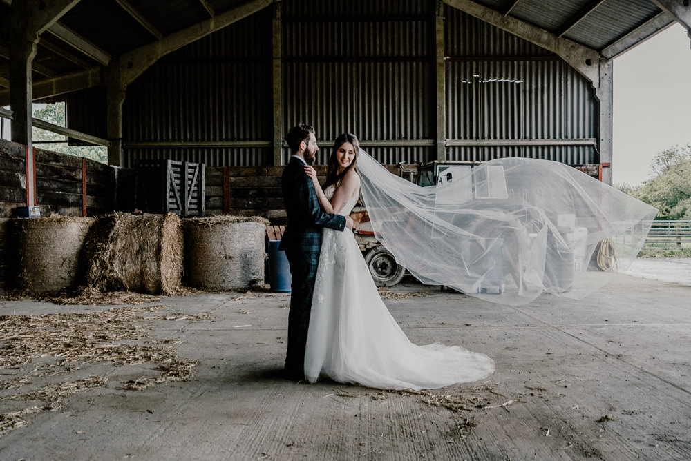 Bride Bridal Dress Gown Ellis Bridals Lace Tulle Train Veil Rustic Barn Wedding Louise Griffin Photography