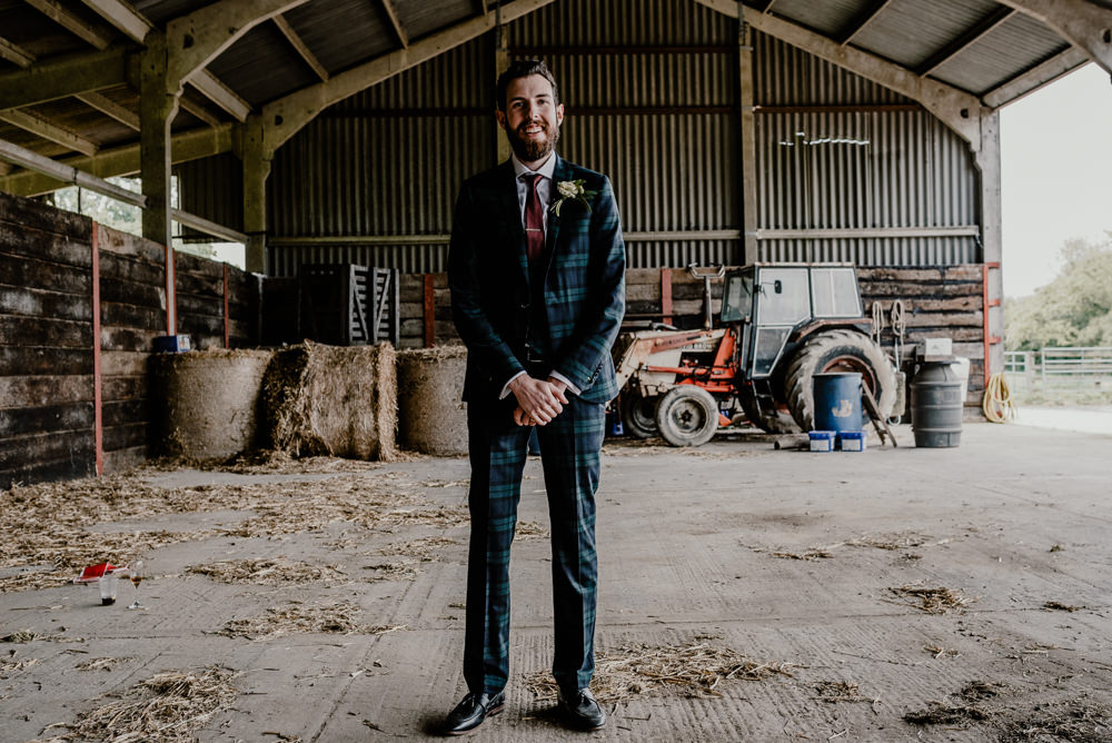 Groom Suit Tartan Green Burgundy Tie Rustic Barn Wedding Louise Griffin Photography