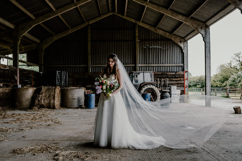 Bride Bridal Dress Gown Ellis Bridals Lace Tulle Train Veil Rustic Barn Wedding Louise Griffin Photography