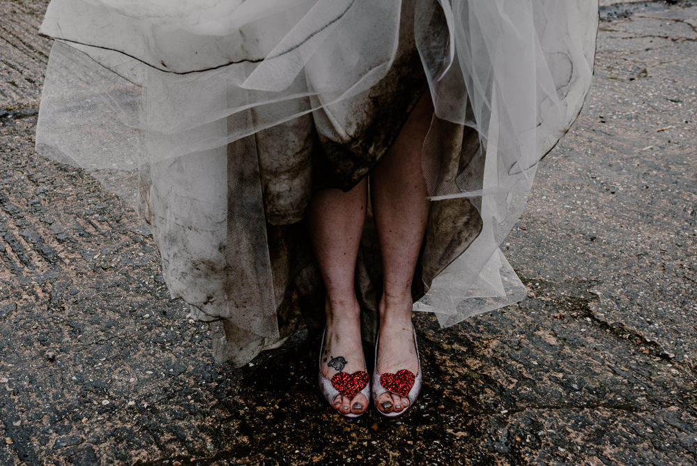 Bride Bridal Dress Gown Ellis Bridals Lace Tulle Train Veil Heart Shoes Rustic Barn Wedding Louise Griffin Photography