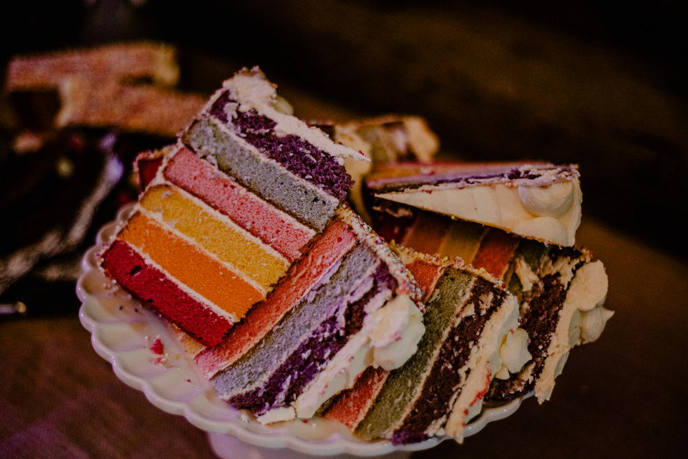 Rainbow Cake Slices Rustic Barn Wedding Louise Griffin Photography