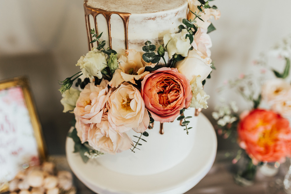 Cake Floral Drip Rose Gold Coral Stubton Hall Wedding Darina Stoda Photography
