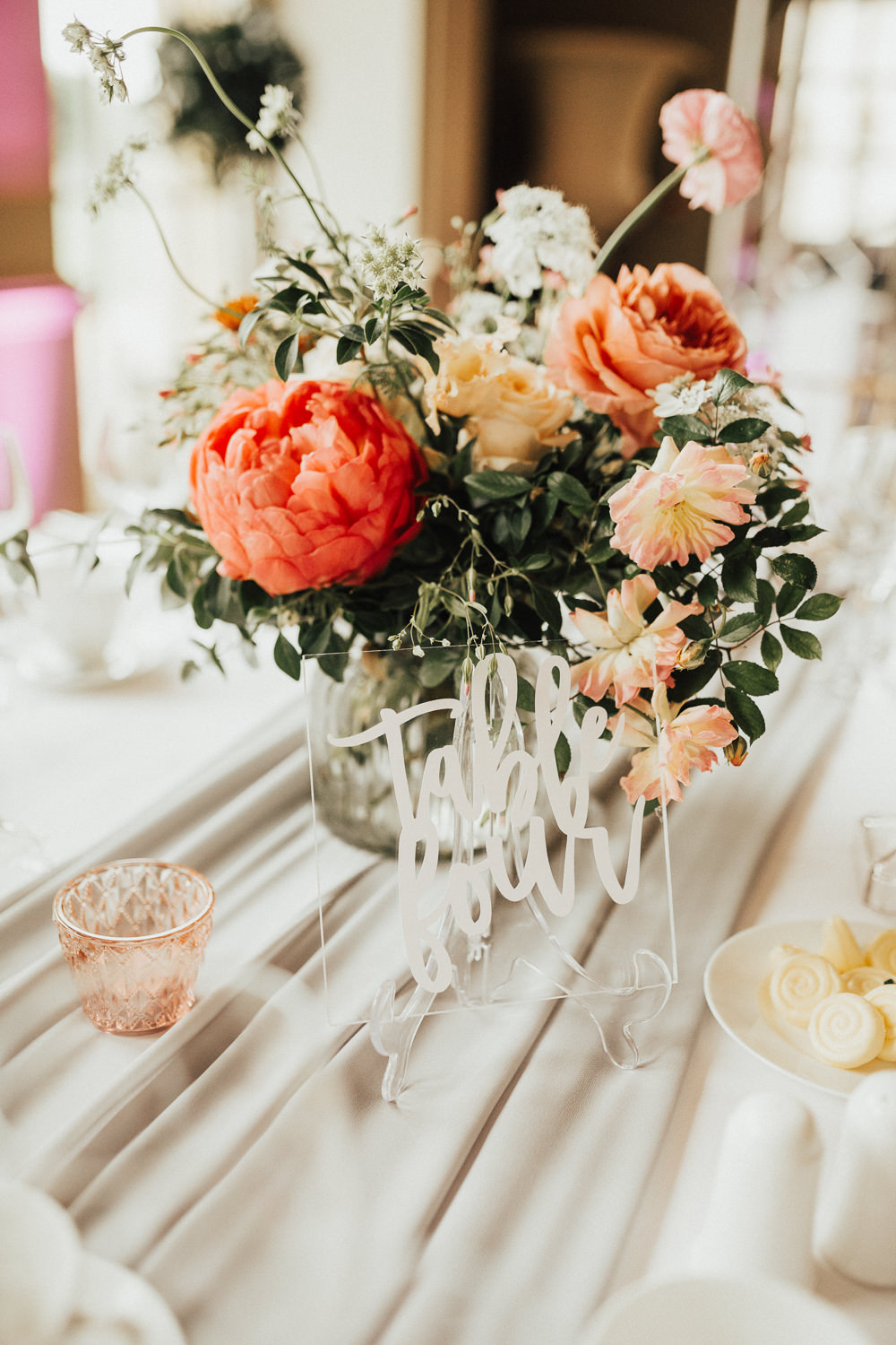 Perspex Acrylic Table Number Sign Table Flowers Coral Peony Peonies Rose Pink Ranunculus Eucalyptus Ribbon Stubton Hall Wedding Darina Stoda Photography