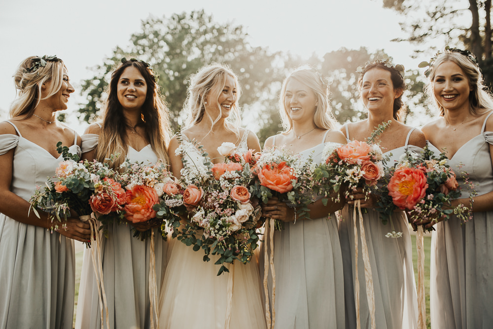 Bride Bridal Bouquet Flowers Coral Peony Peonies Rose Pink Ranunculus Eucalyptus Ribbon Bridesmaid Stubton Hall Wedding Darina Stoda Photography