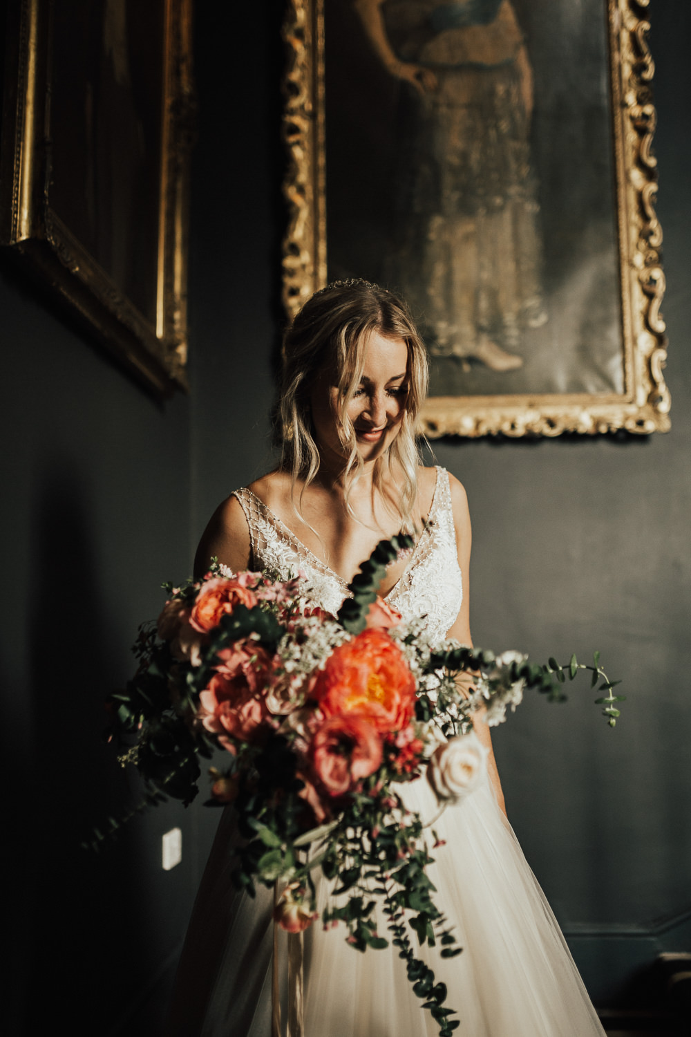 Bride Bridal Bouquet Flowers Coral Peony Peonies Rose Pink Ranunculus Eucalyptus Ribbon Stubton Hall Wedding Darina Stoda Photography