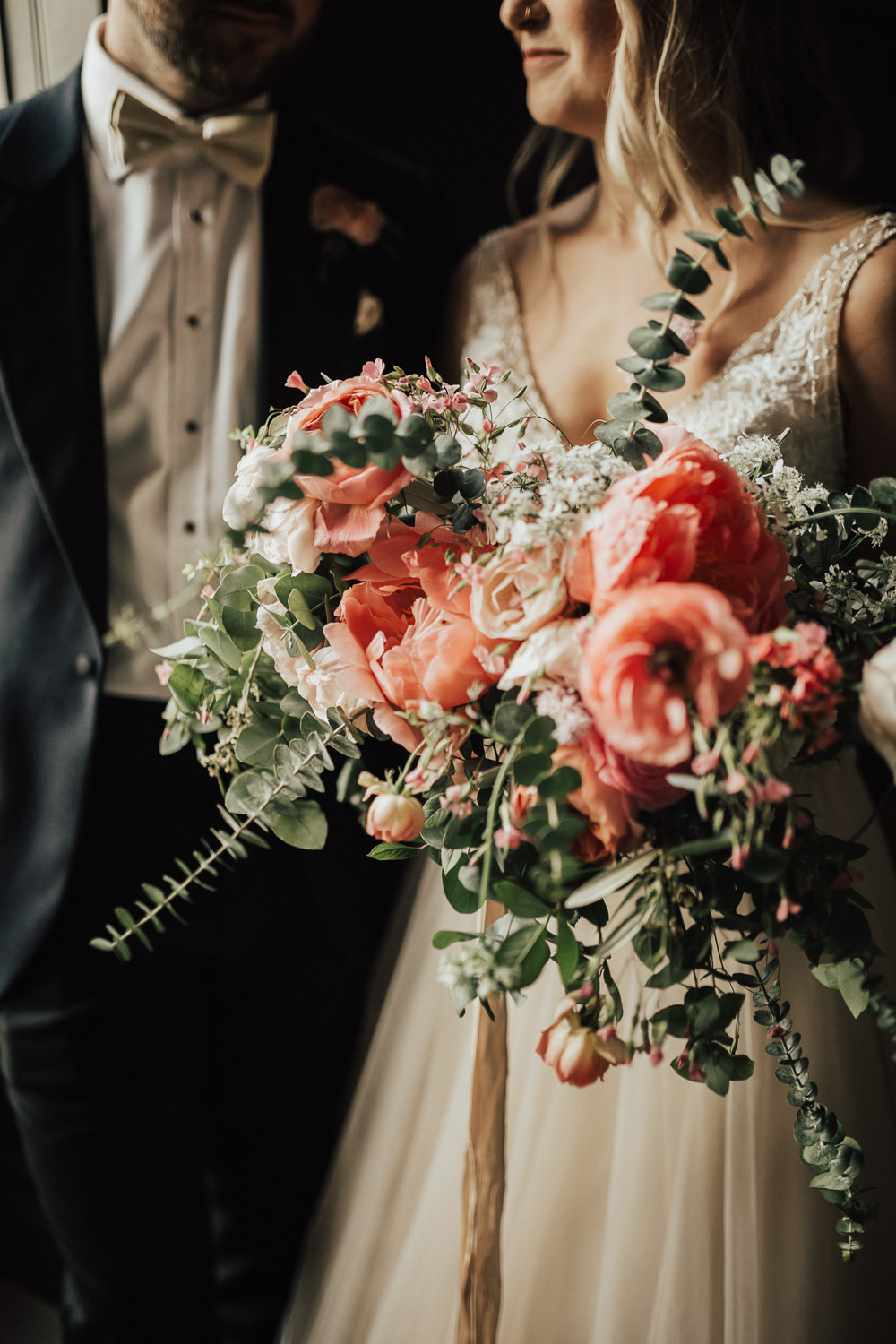 Bride Bridal Bouquet Flowers Coral Peony Peonies Rose Pink Ranunculus Eucalyptus Ribbon Stubton Hall Wedding Darina Stoda Photography