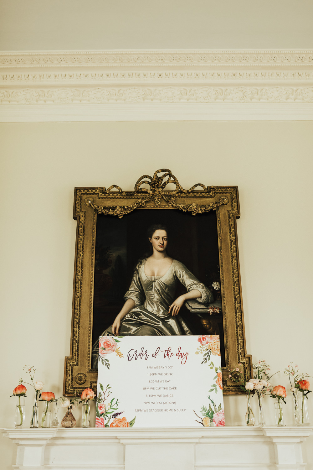 Order of the Day Sign Signage Coral Floral Flowers Fireplace Stubton Hall Wedding Darina Stoda Photography