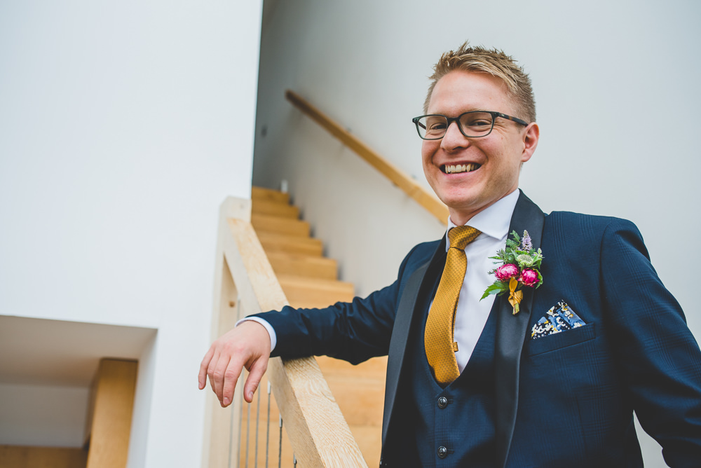 Navy Blue Tuxedo Mustard Tie Groom Bib Waistcoat Victoria Gallery Museum Wedding Emma Hillier Photography
