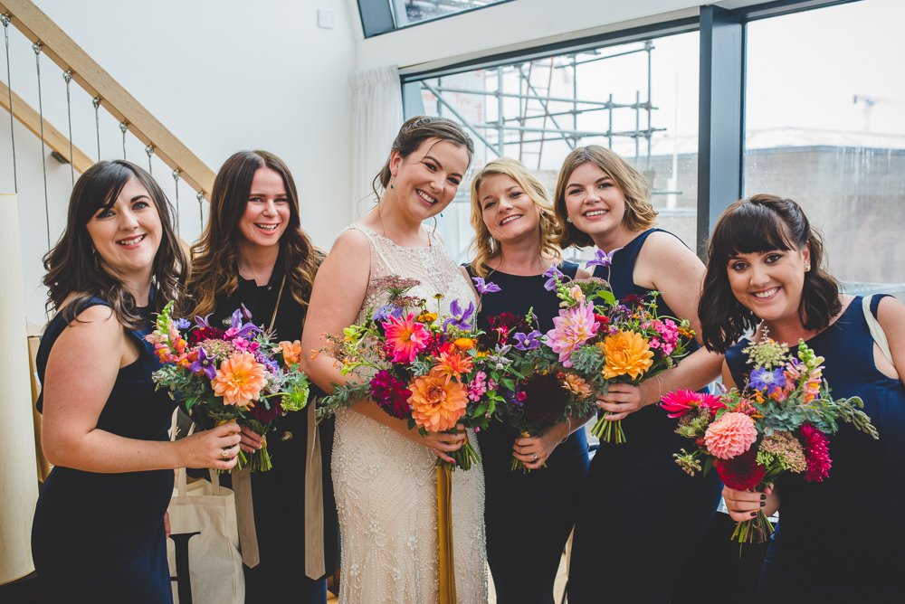 Bride Bridal Beaded Embellished Dress Navy Blue Bridesmaids Multicoloured Bouquet Victoria Gallery Museum Wedding Emma Hillier Photography