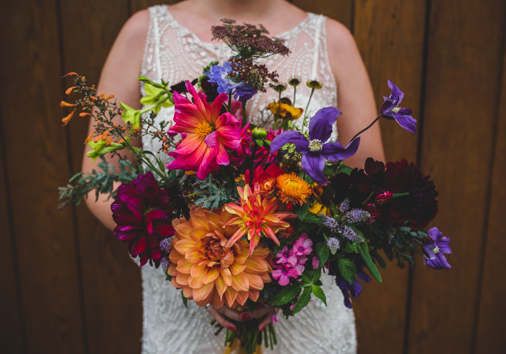 Multicoloured Dahlia Wildflower Bouquet Bride Bridal Victoria Gallery Museum Wedding Emma Hillier Photography