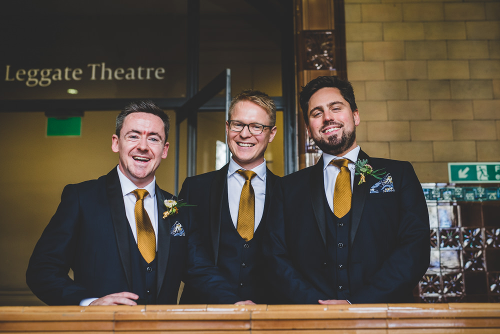 Navy Blue Tuxedo Bib Waistcoat Mustard Tie Groom Groomsmen Victoria Gallery Museum Wedding Emma Hillier Photography