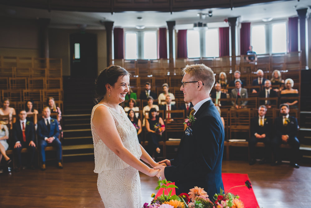 Bride Bridal Beaded Embellished Dress Navy Blue Tuxedo Mustard Tie Groom Victoria Gallery Museum Wedding Emma Hillier Photography