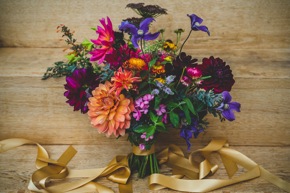 Multicoloured Dahlia Wildflower Bouquet Bride Bridal Victoria Gallery Museum Wedding Emma Hillier Photography