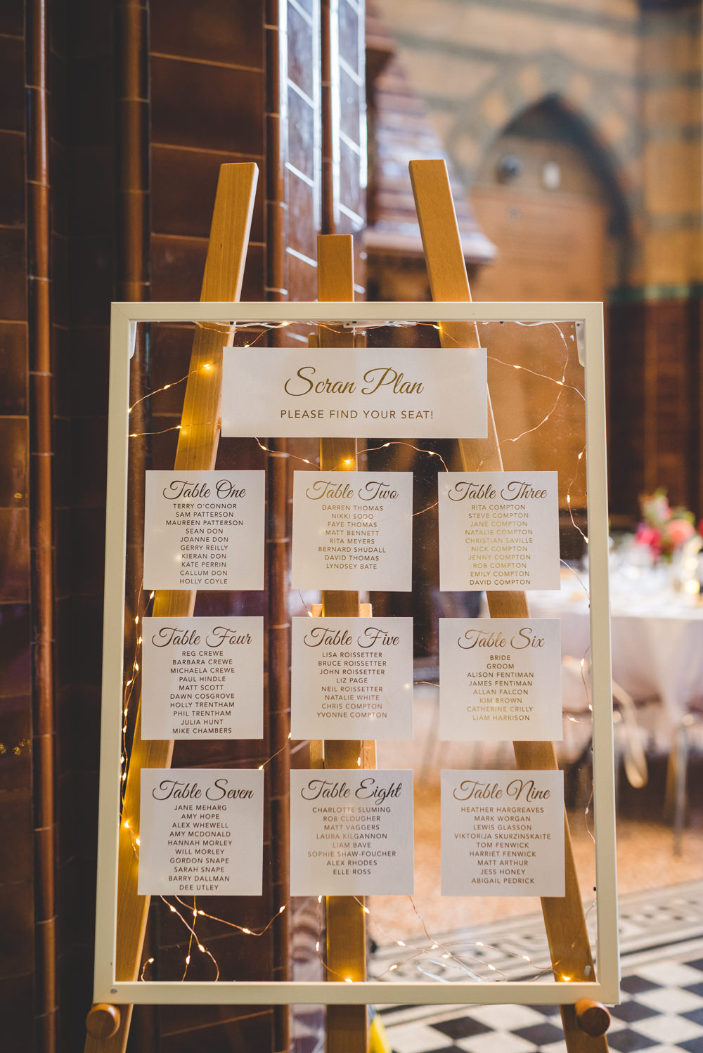 Table Plan Seating Chart Easel Fairy Lights Victoria Gallery Museum Wedding Emma Hillier Photography