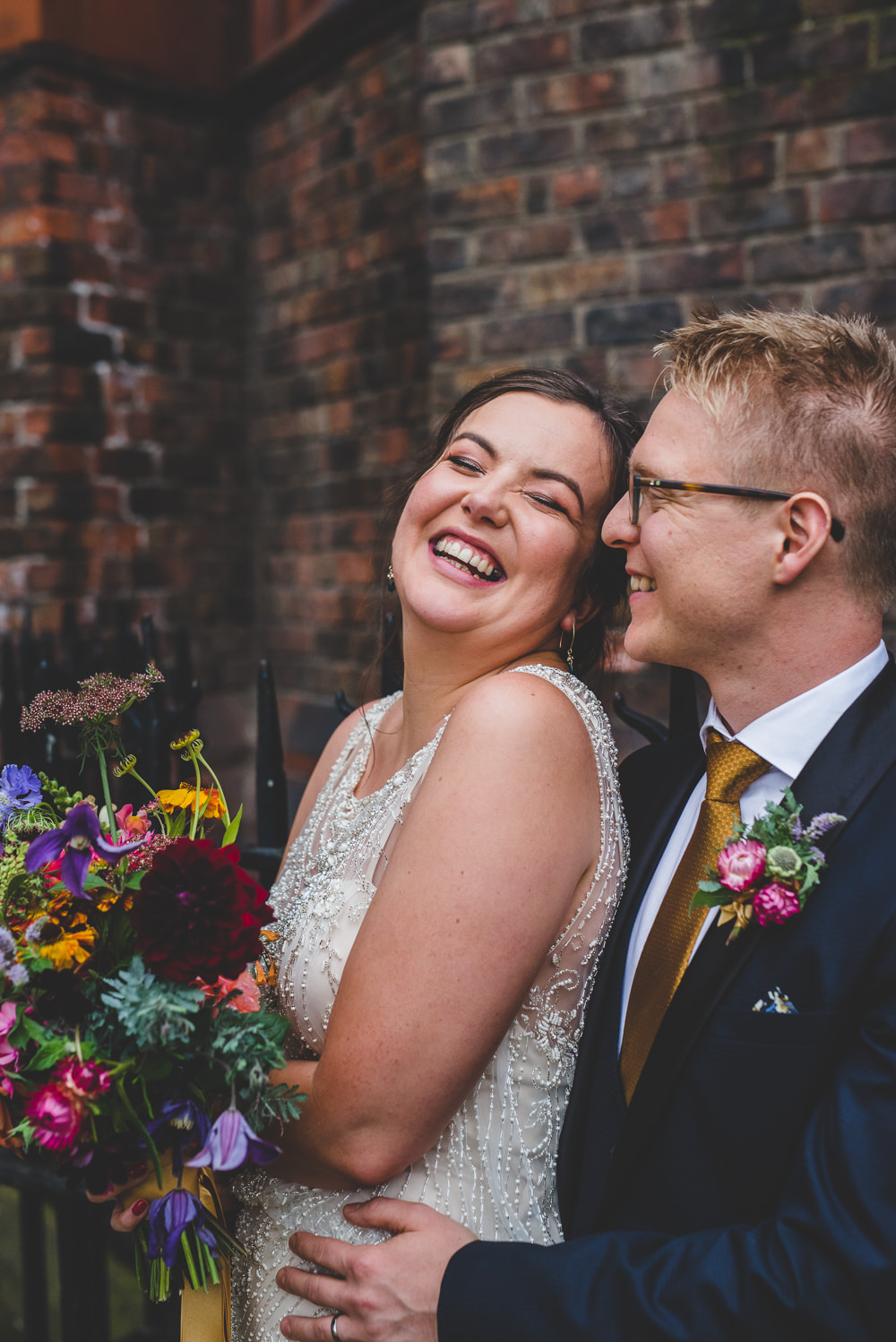 Bride Bridal Beaded Embellished Dress Navy Blue Tuxedo Mustard Tie Groom Multicoloured Bouquet Victoria Gallery Museum Wedding Emma Hillier Photography