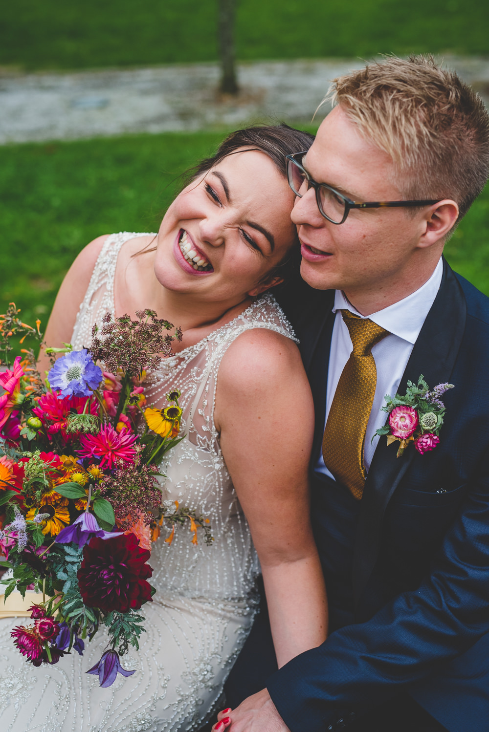 Bride Bridal Beaded Embellished Dress Navy Blue Tuxedo Mustard Tie Groom Multicoloured Bouquet Victoria Gallery Museum Wedding Emma Hillier Photography
