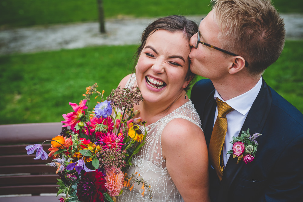 Bride Bridal Beaded Embellished Dress Navy Blue Tuxedo Mustard Tie Groom Multicoloured Bouquet Victoria Gallery Museum Wedding Emma Hillier Photography