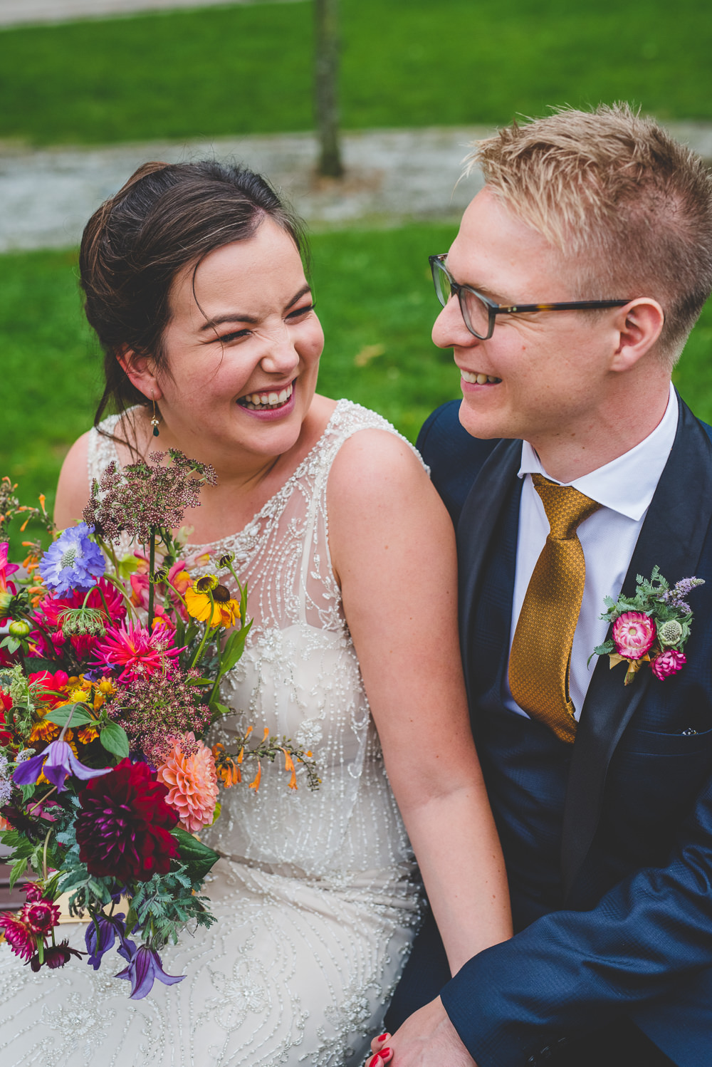 Bride Bridal Beaded Embellished Dress Navy Blue Tuxedo Mustard Tie Groom Multicoloured Bouquet Victoria Gallery Museum Wedding Emma Hillier Photography