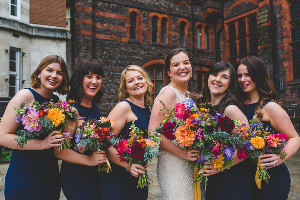 Bride Bridal Beaded Embellished Dress Navy Blue Bridesmaids Multicoloured Bouquet Victoria Gallery Museum Wedding Emma Hillier Photography