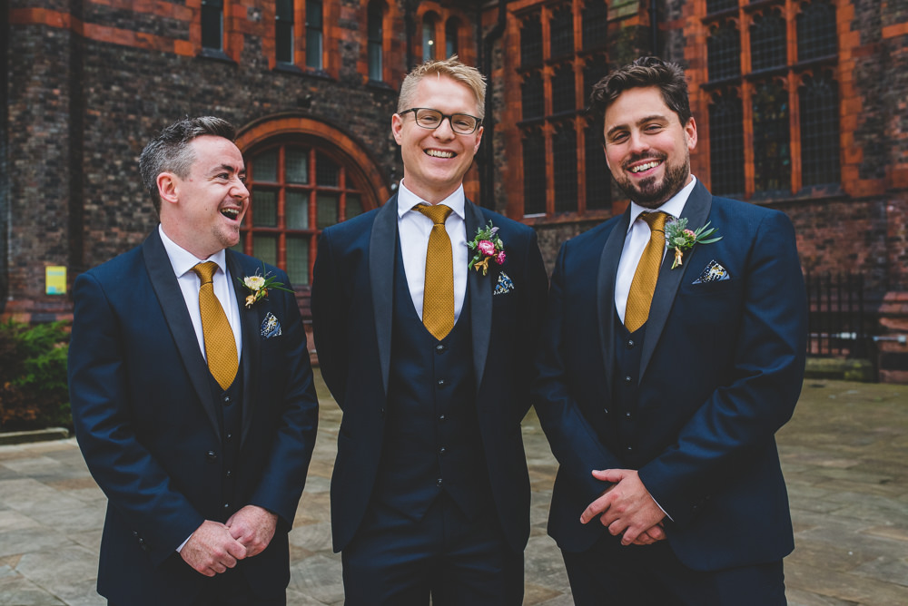 Navy Blue Tuxedo Mustard Tie Groom Bib Waistcoat Groomsmen Victoria Gallery Museum Wedding Emma Hillier Photography
