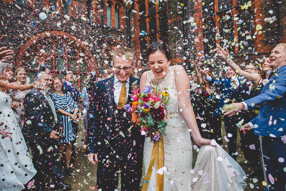 Bride Bridal Beaded Embellished Dress Navy Blue Tuxedo Mustard Tie Groom Multicoloured Bouquet Ribbon Confetti Victoria Gallery Museum Wedding Emma Hillier Photography