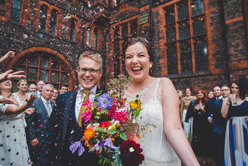 Bride Bridal Beaded Embellished Dress Navy Blue Tuxedo Mustard Tie Groom Confetti Multicoloured Bouquet Victoria Gallery Museum Wedding Emma Hillier Photography
