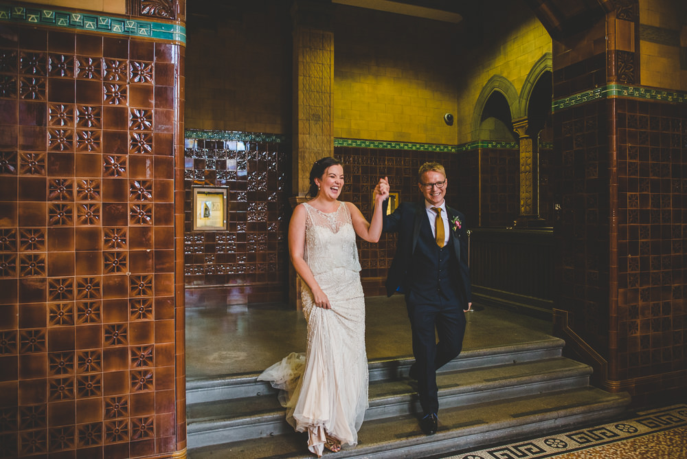 Bride Bridal Beaded Embellished Dress Navy Blue Tuxedo Mustard Tie Groom Victoria Gallery Museum Wedding Emma Hillier Photography