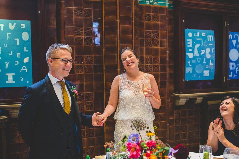 Bride Bridal Beaded Embellished Dress Navy Blue Tuxedo Mustard Tie Groom Victoria Gallery Museum Wedding Emma Hillier Photography