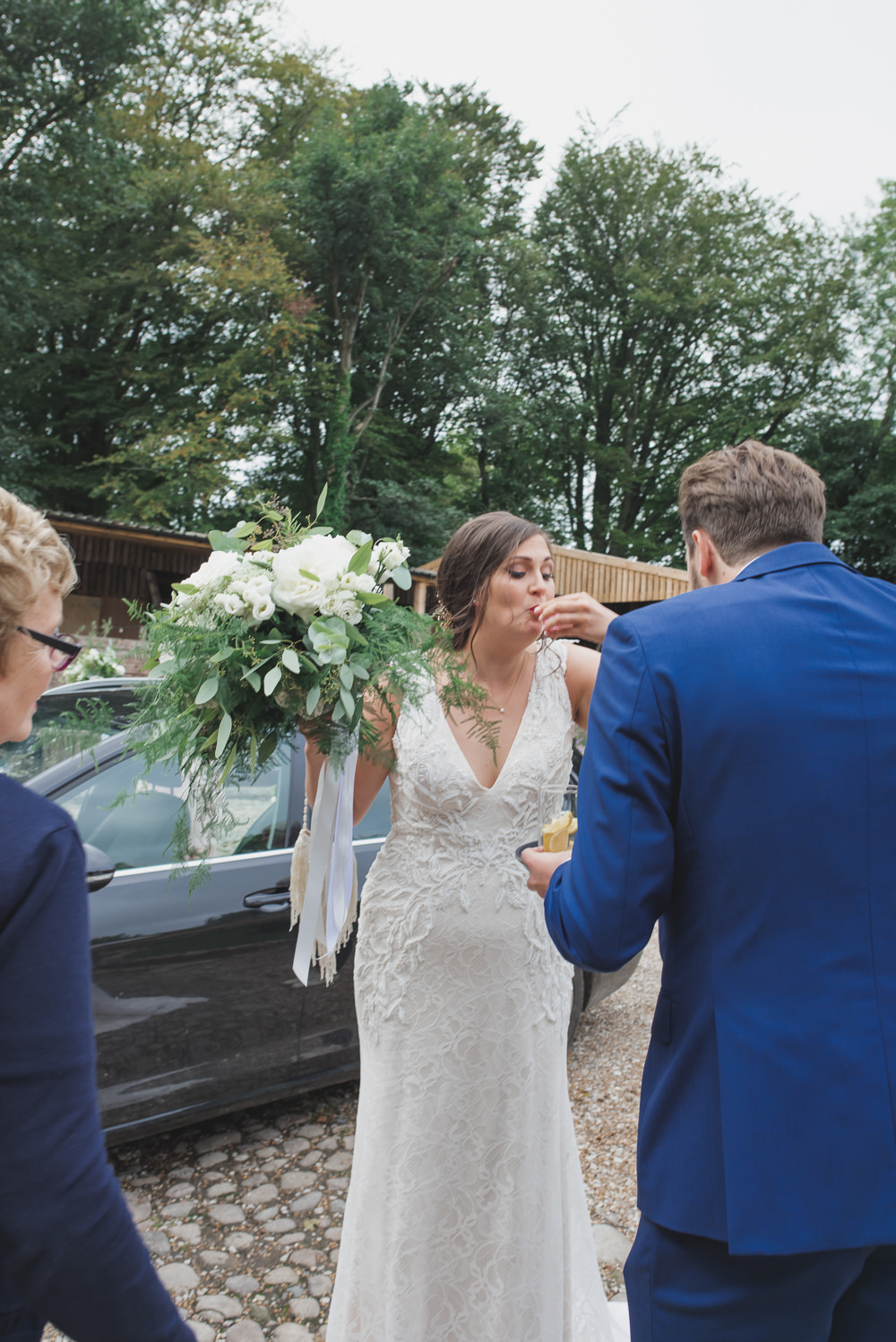 Bride Bridal V Neck Dress Gown Underlay Train Shot Greenery White Flowers Bouquet Wyresdale Park Wedding Lisa Howard Photography