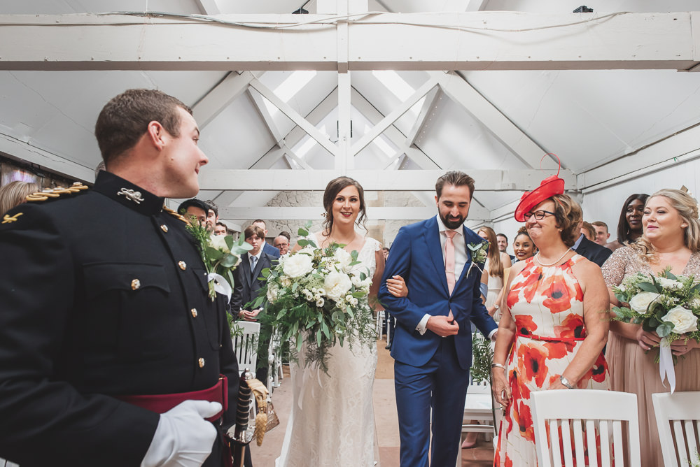 Bride Bridal V Neck Dress Gown Underlay Train Military Uniform Groom White Flower Greenery Bouquet Wyresdale Park Wedding Lisa Howard Photography