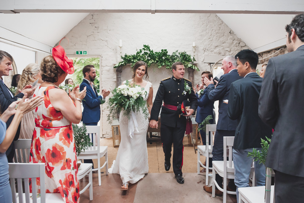 Bride Bridal V Neck Dress Gown Underlay Train Military Uniform Groom White Flower Greenery Bouquet Wyresdale Park Wedding Lisa Howard Photography