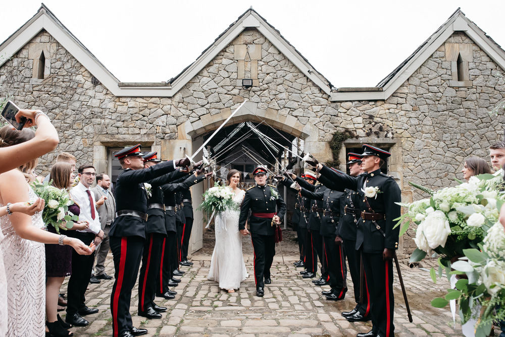 Bride Bridal V Neck Dress Gown Underlay Train Military Uniform Groom Guard of Honour Wyresdale Park Wedding Lisa Howard Photography