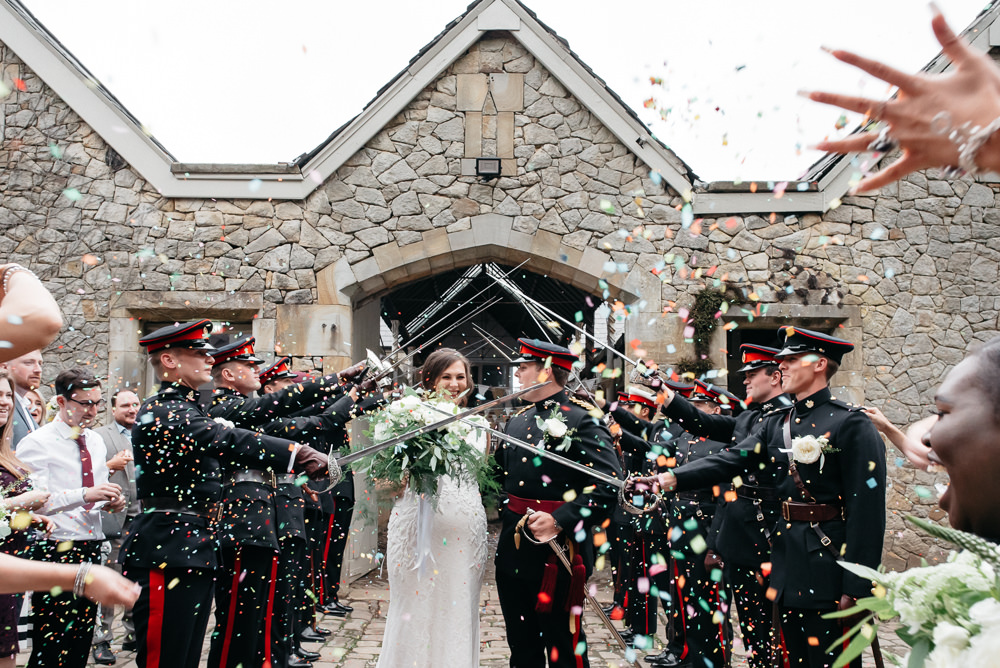 Bride Bridal V Neck Dress Gown Underlay Train Military Uniform Groom Guard of Honour Confetti Wyresdale Park Wedding Lisa Howard Photography