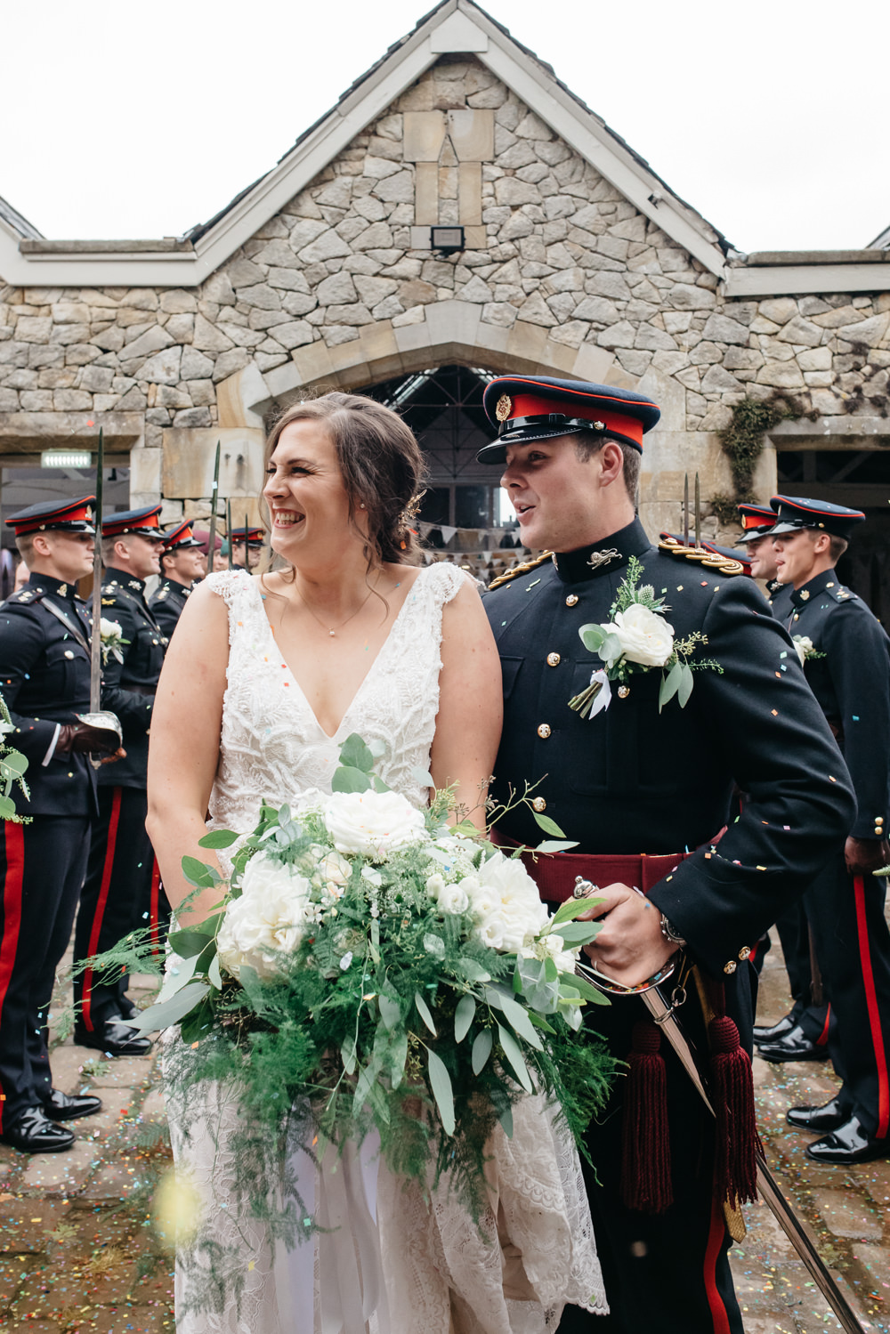 Bride Bridal V Neck Dress Gown Underlay Train Military Uniform Groom Greenery White Flower Bouquet Wyresdale Park Wedding Lisa Howard Photography