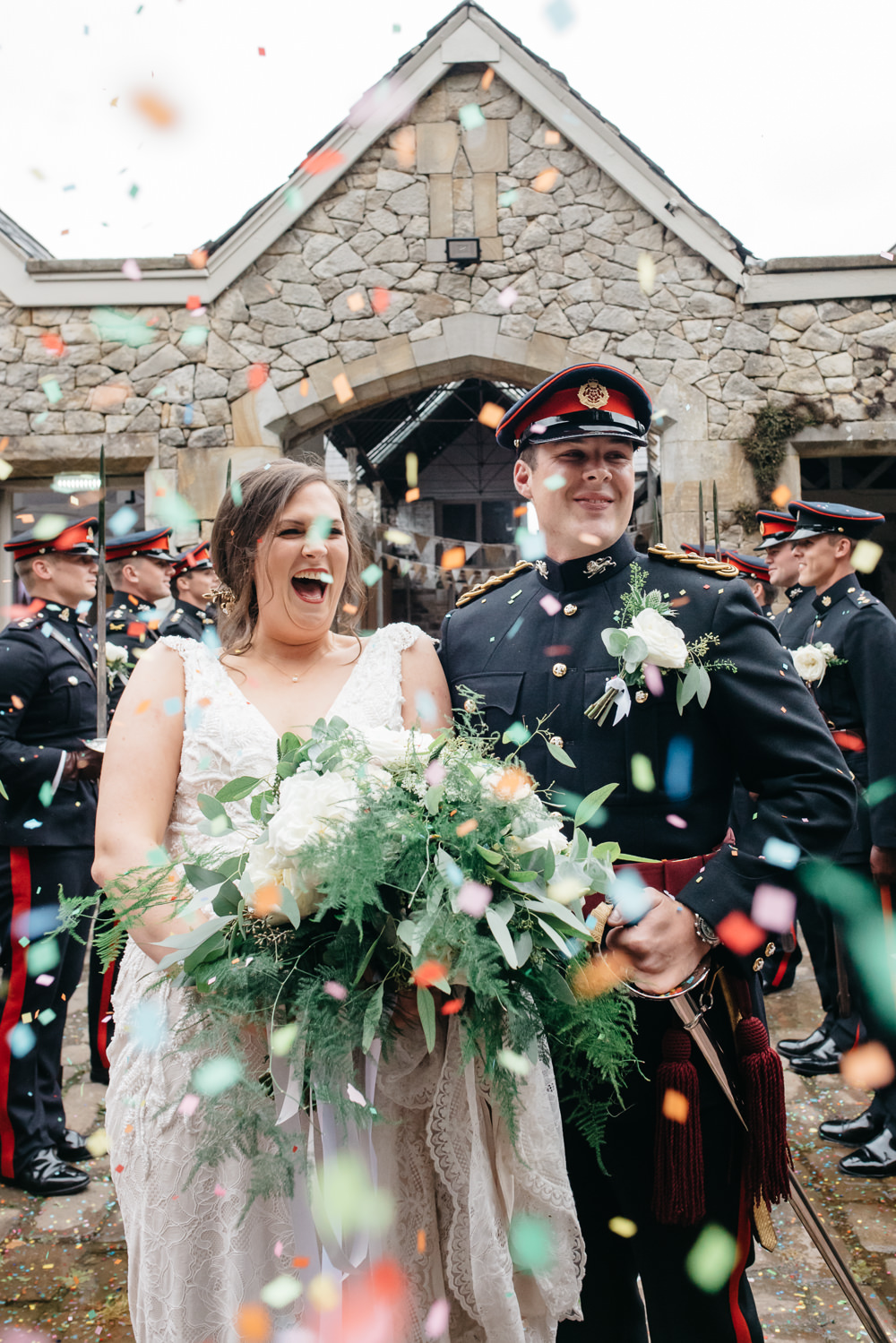 Bride Bridal V Neck Dress Gown Underlay Train Military Uniform Groom Greenery White Flower Bouquet Confetti Wyresdale Park Wedding Lisa Howard Photography