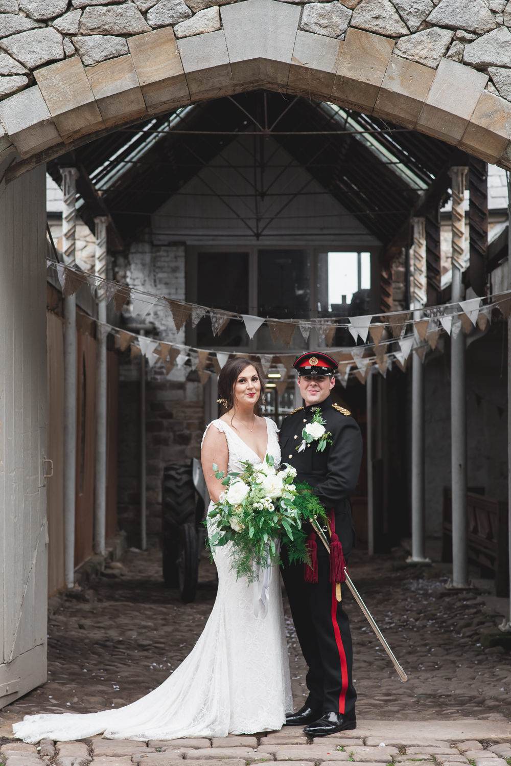 Bride Bridal V Neck Dress Gown Underlay Train Military Uniform Groom Greenery White Flower Bouquet Wyresdale Park Wedding Lisa Howard Photography