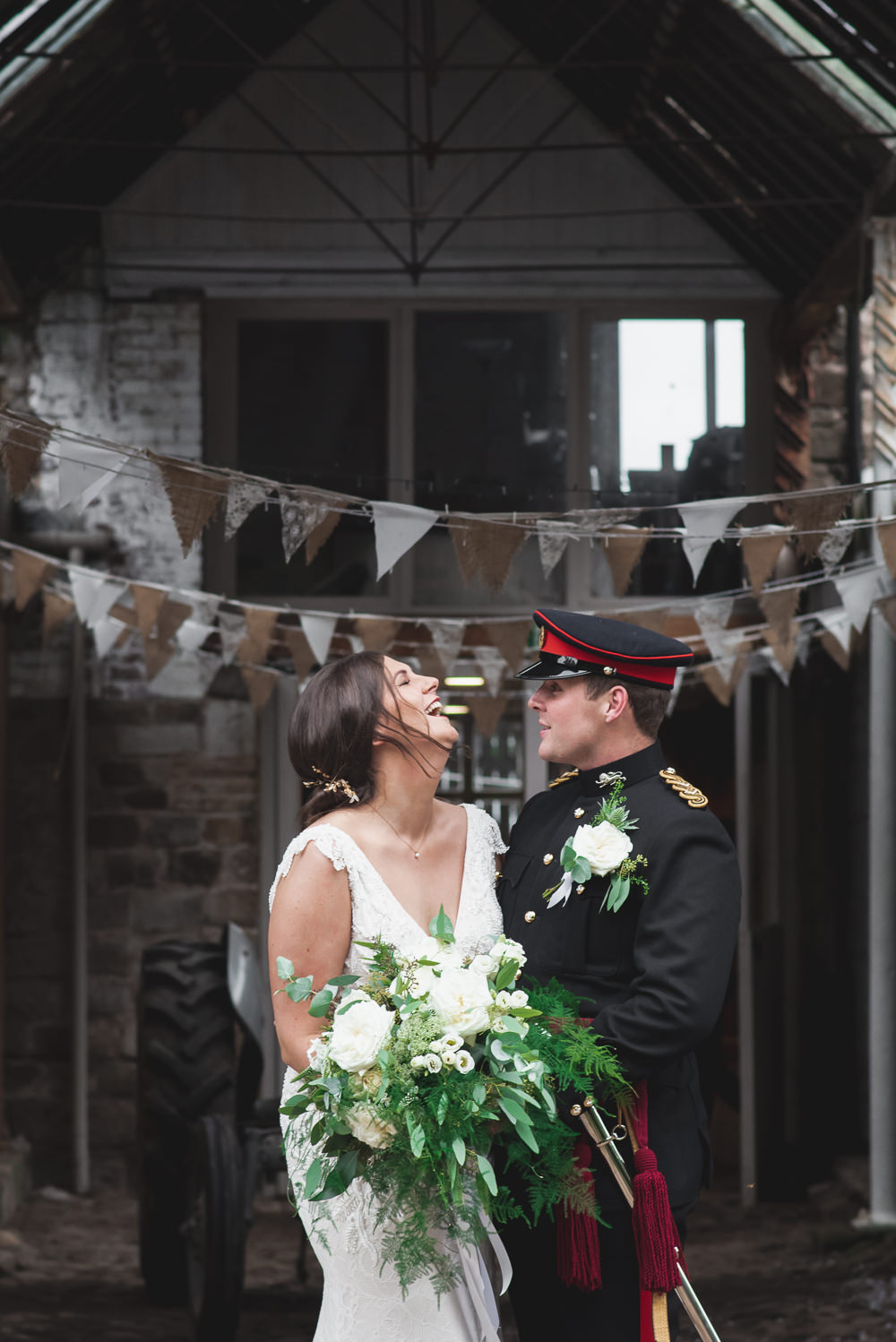 Bride Bridal V Neck Dress Gown Underlay Train Military Uniform Groom Greenery White Flower Bouquet Bunting Wyresdale Park Wedding Lisa Howard Photography