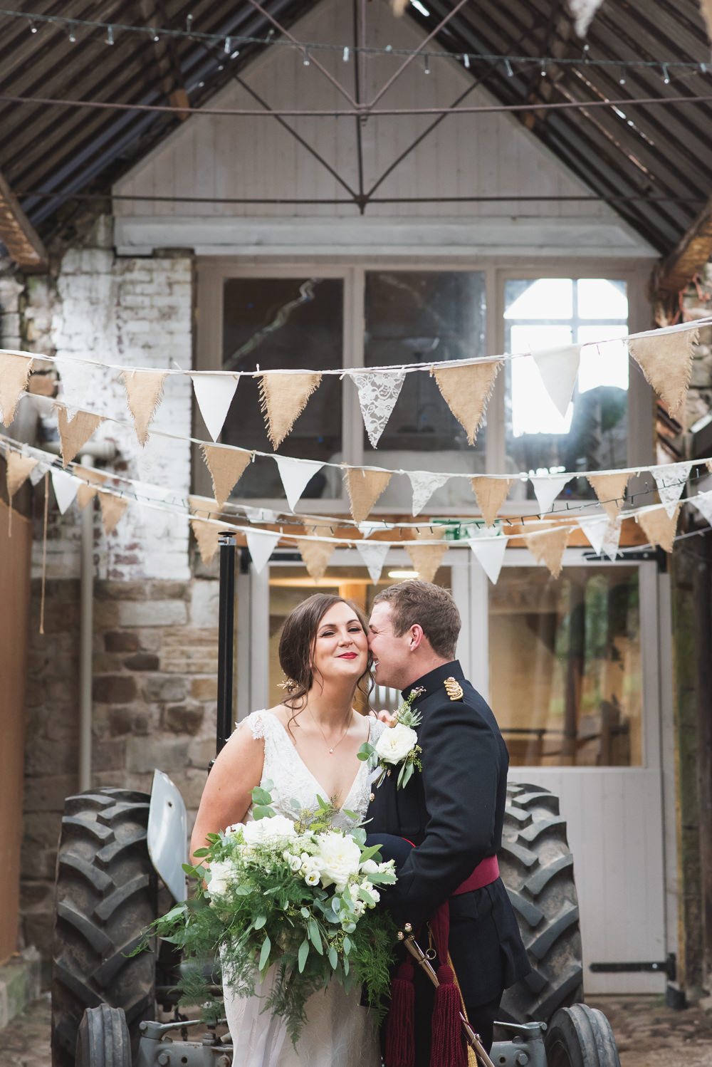 Bride Bridal V Neck Dress Gown Underlay Train Military Uniform Groom Greenery White Flower Bouquet Bunting Wyresdale Park Wedding Lisa Howard Photography