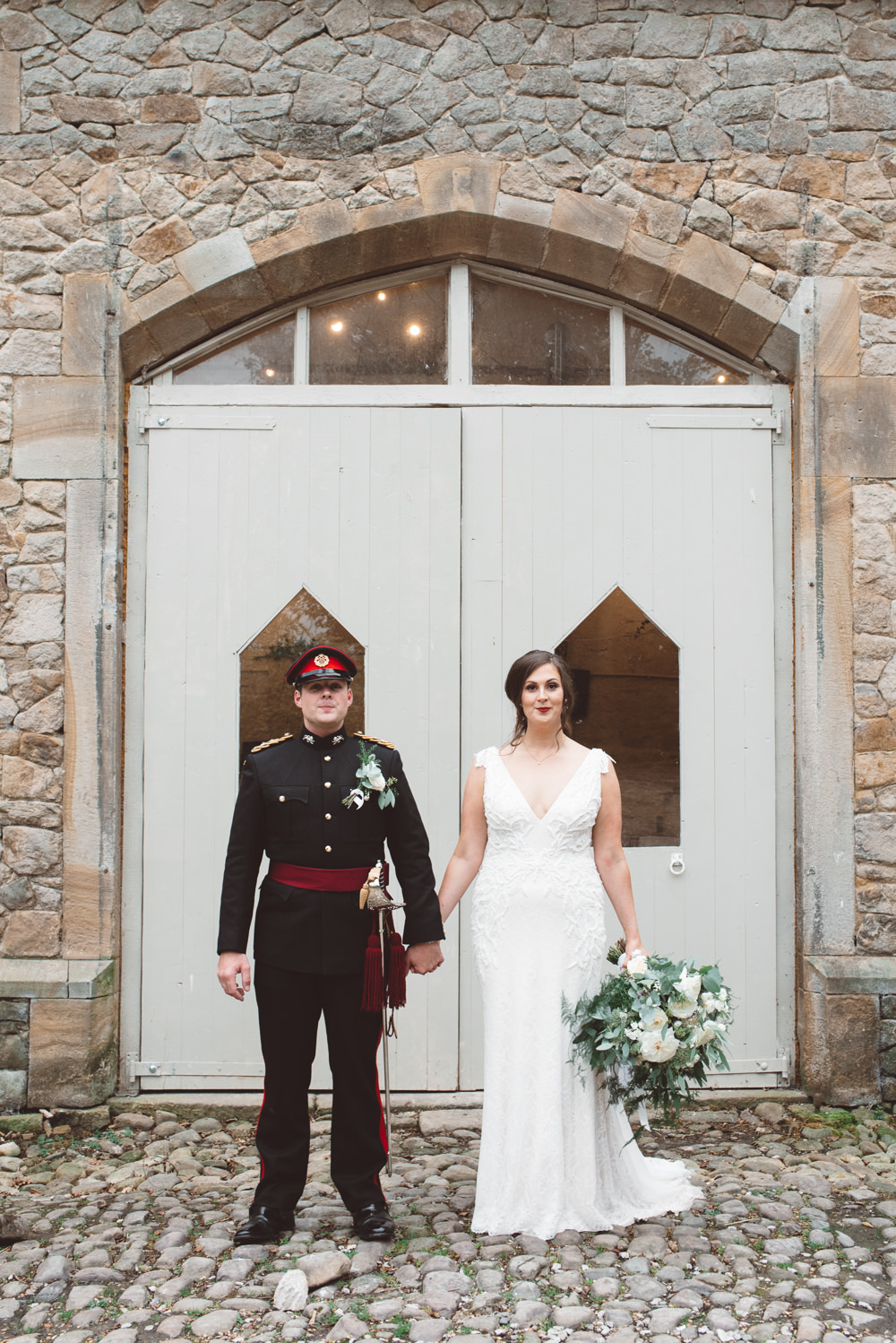 Bride Bridal V Neck Dress Gown Underlay Train Military Uniform Groom Greenery White Flower Bouquet Wyresdale Park Wedding Lisa Howard Photography
