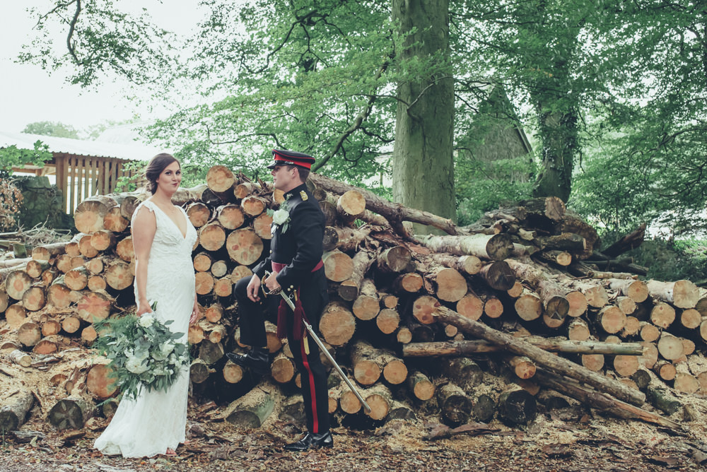 Bride Bridal V Neck Dress Gown Underlay Train Military Uniform Groom Greenery White Flower Bouquet Wyresdale Park Wedding Lisa Howard Photography