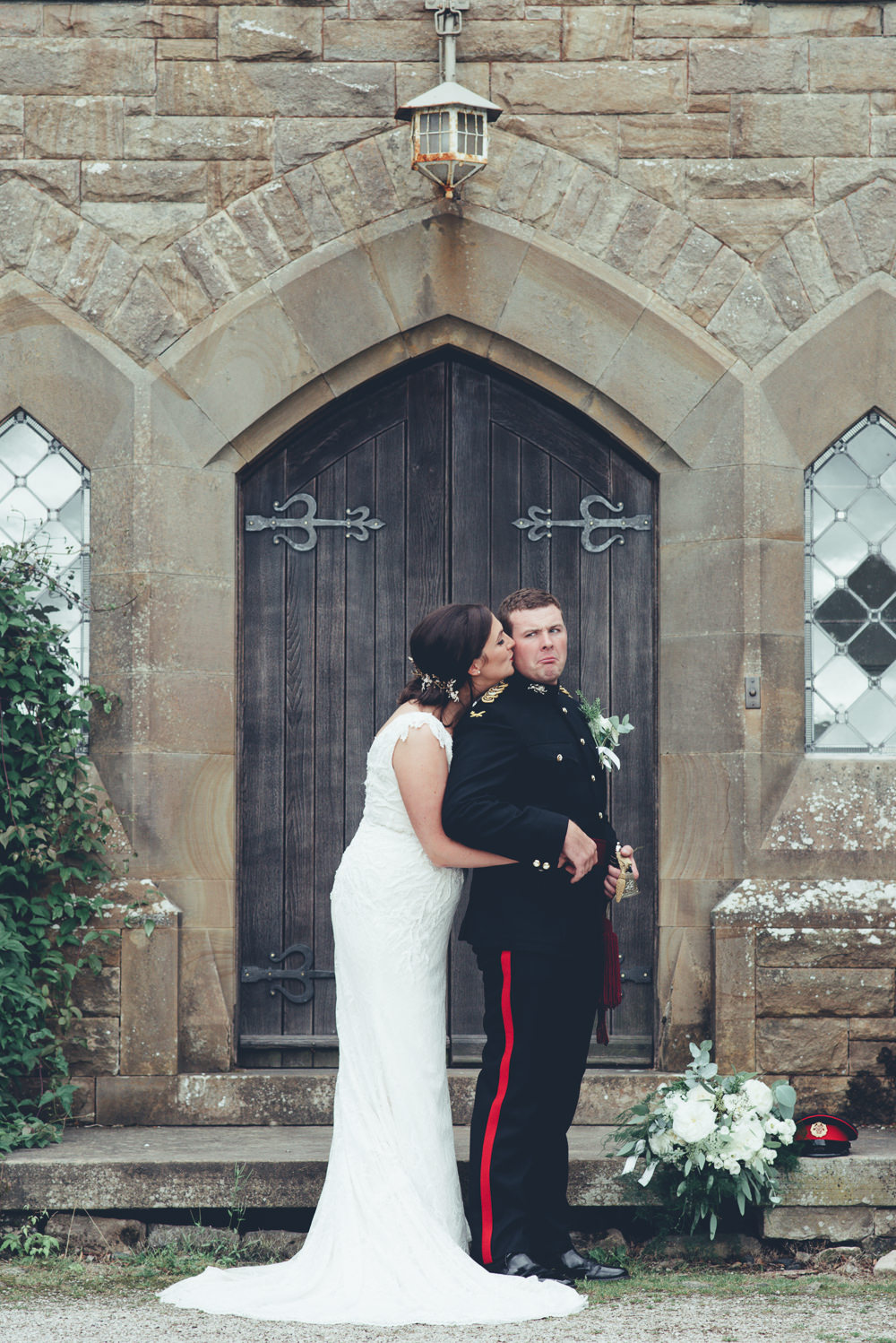 Bride Bridal V Neck Dress Gown Underlay Train Military Uniform Groom Wyresdale Park Wedding Lisa Howard Photography