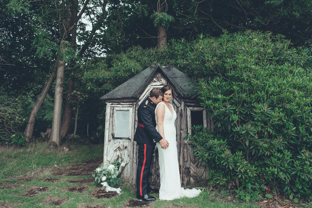 Bride Bridal V Neck Dress Gown Underlay Train Military Uniform Groom Wyresdale Park Wedding Lisa Howard Photography