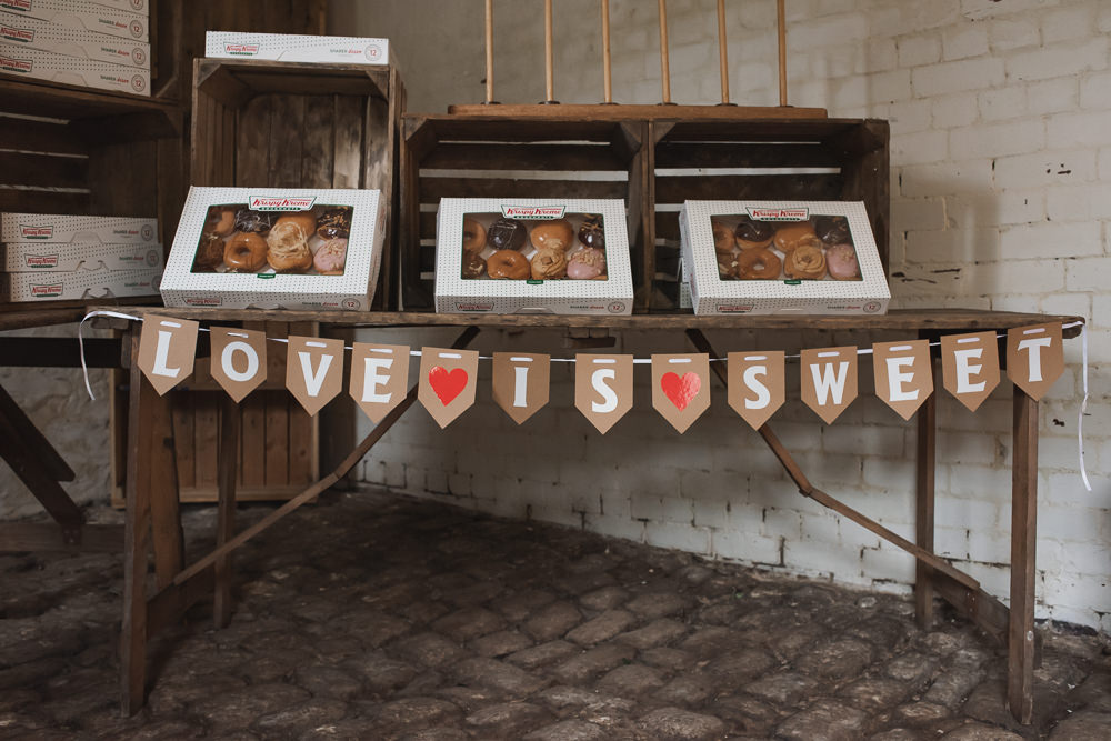 Donut stand Crate Krispy Creme Bunting Love Is Sweet Wyresdale Park Wedding Lisa Howard Photography