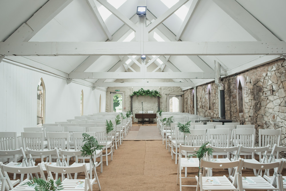 Ceremony White Chair Greenery Pew Ends Garland Wyresdale Park Wedding Lisa Howard Photography