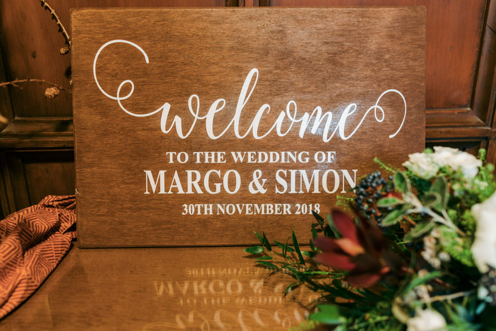 Wooden Welcome Sign Calligraphy Signs Signage Autumn Village Hall Wedding The Gibsons Photography