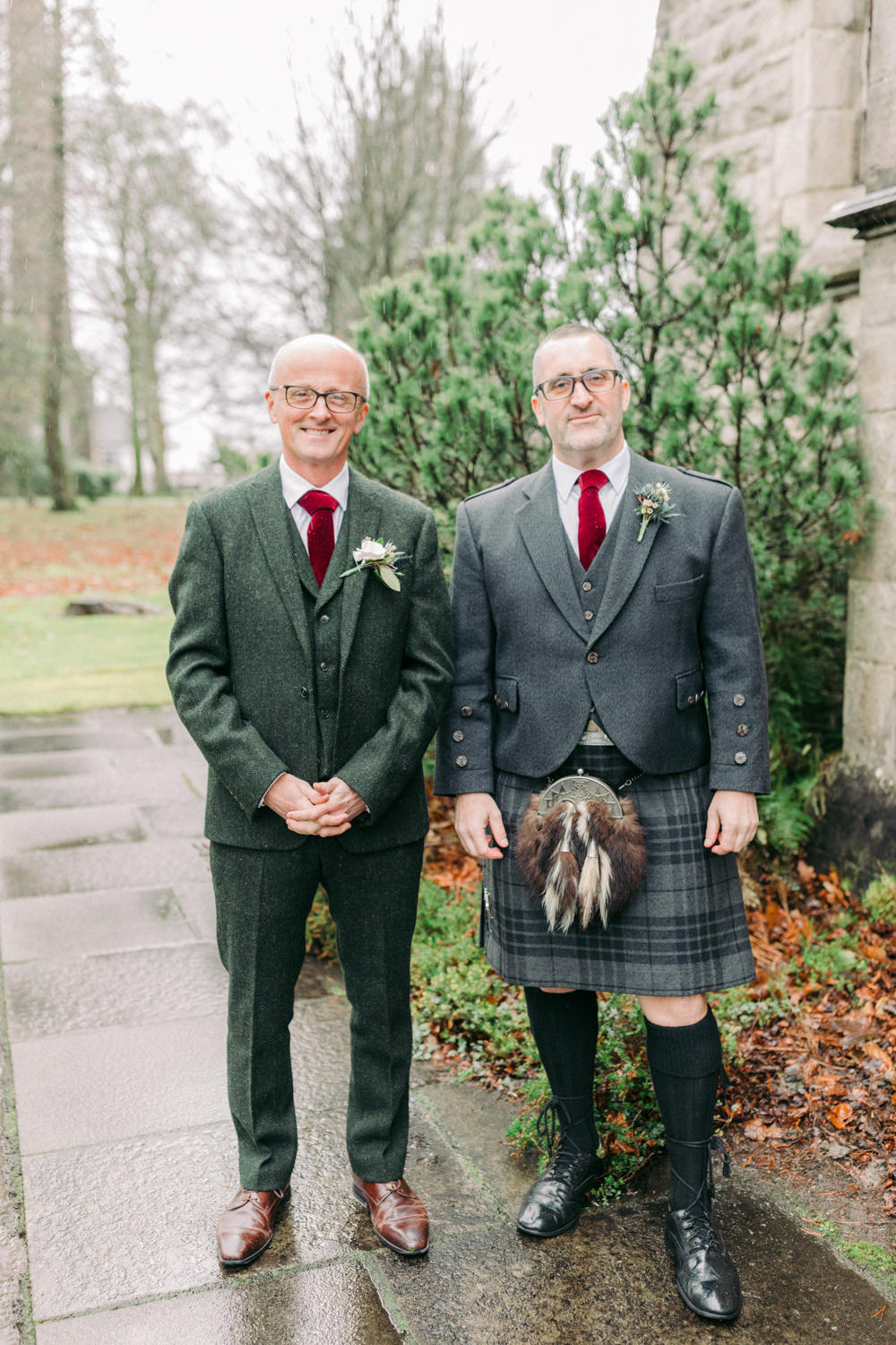 Groom Groomsmen Suit Green Tweed Kilt Red Velvet Tie Autumn Village Hall Wedding The Gibsons Photography