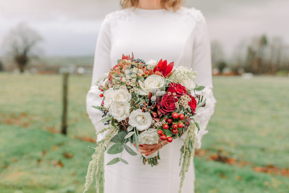 Bride Bridal Bouquet Flowers Red Rose Berry Foliage Autumn Village Hall Wedding The Gibsons Photography