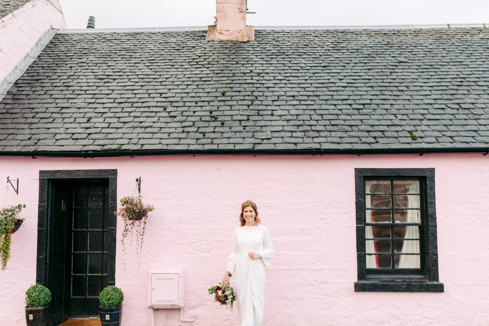 Bride Bridal Dress Gown Bell Sleeves Embellished Train Autumn Village Hall Wedding The Gibsons Photography